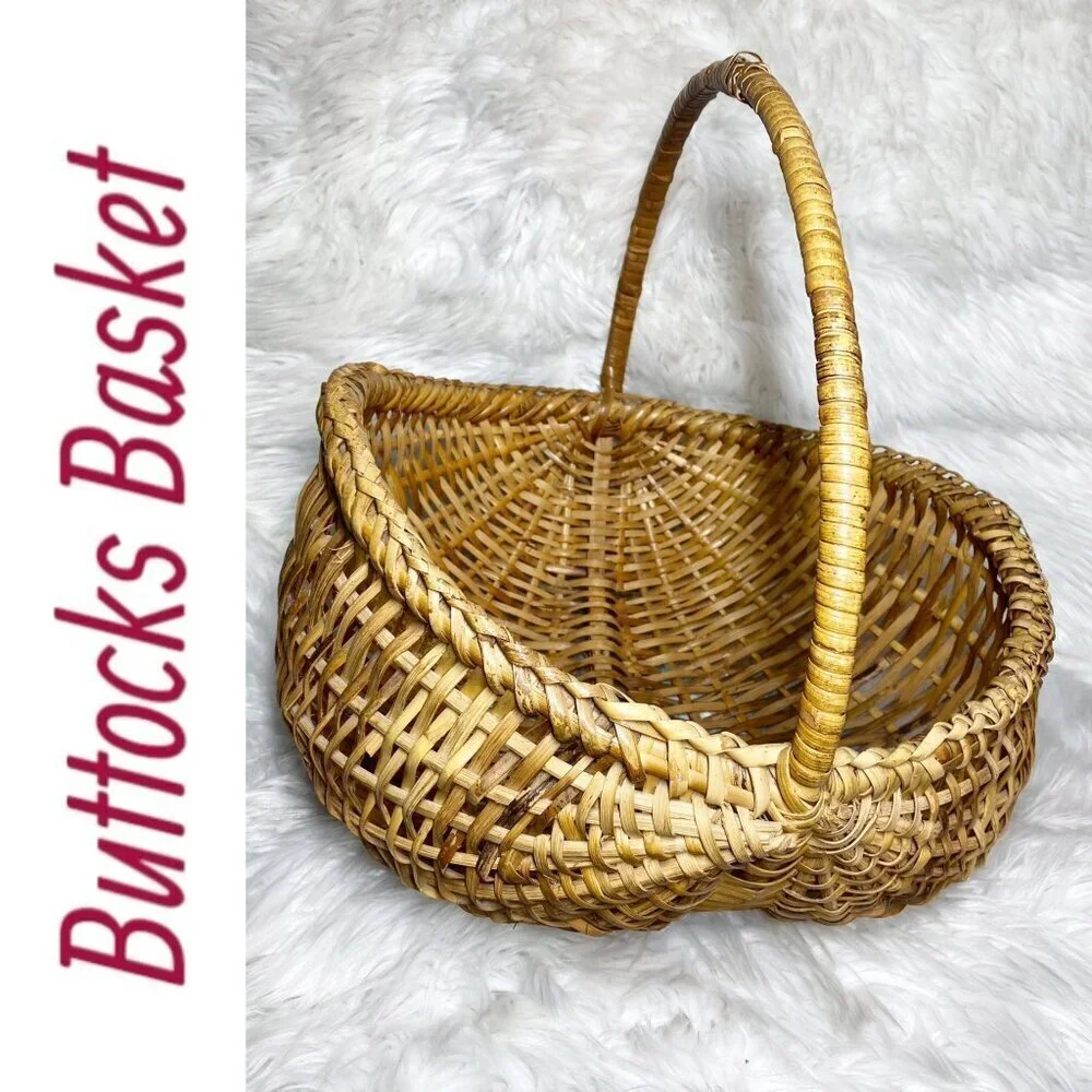 BUTTOCKS BASKET VTG Large Handmade Cottage Splint Ribbed Farmhouse Vintage‎